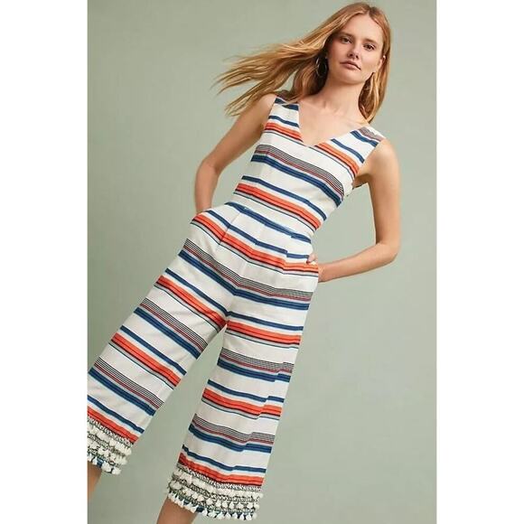 Moon River Pants - NWT Anthropologie Jumpsuit Linen Striped Sleeveless Cropped Pockets size Large